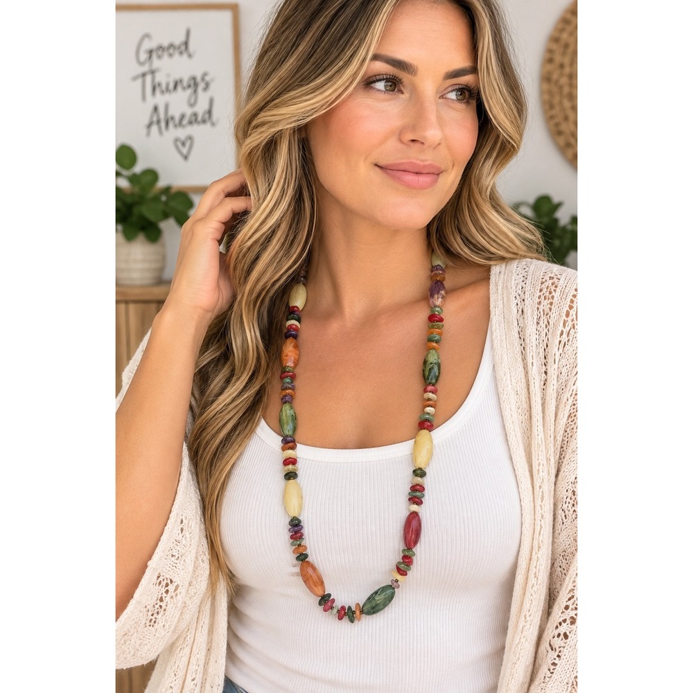 Vintage Multicolor Beaded Necklace Long Boho Statement Jewelry Gemstone